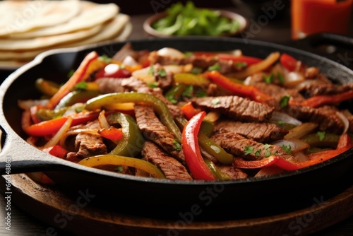horizontal close-up of fajitas served in a sizzling skillet