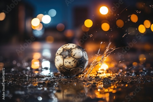 Soccer ball with water drops on dark background. Soccer ball with splashes of water.  © korkut82