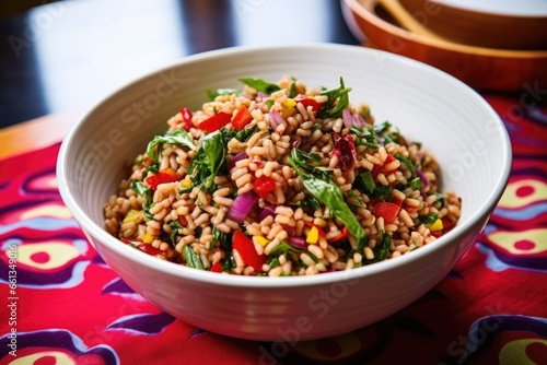 a colorful farro salad in a white bowl on a bold, red table