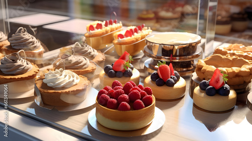 Sweet pastries with berries. Showcase in a candy store