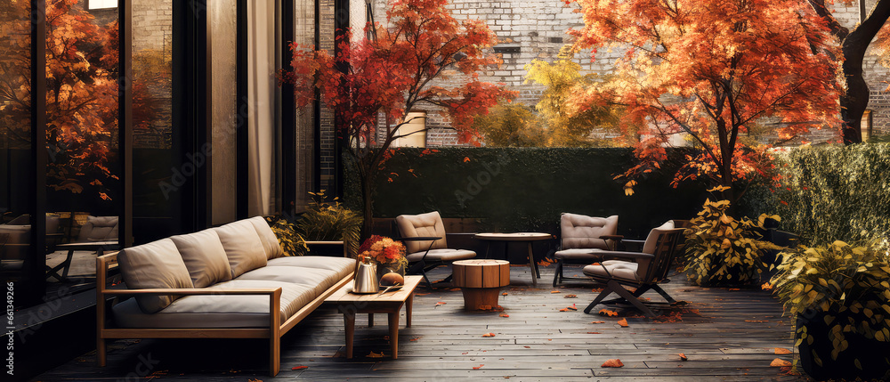Fall, autumn patio of suburban house. Luxury exterior design scene. Villa Backyard terrace in the sunny day with couches and lounge chairs. Vacation, relax, wellness spa resort, hotel. Generative ai - obrazy, fototapety, plakaty 