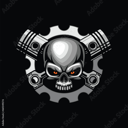 Human skull Head with crossed car piston vector Illustration