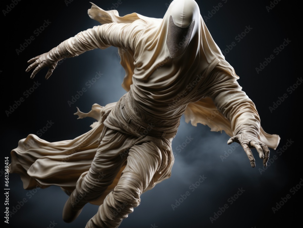 3d rendering of a shawl isolated on dark studio background. A ghost dressed in a white sheet poses in the studio.
3d rendering of a shawl isolated on dark studio background. A ghost dressed in a white sheet poses in the studio.
