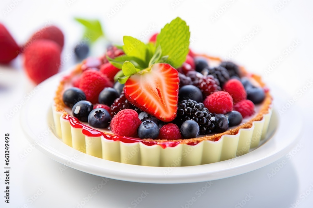 fruit tart with shiny fresh berries on a white plate fruit tart with shiny fresh berries on a white plate