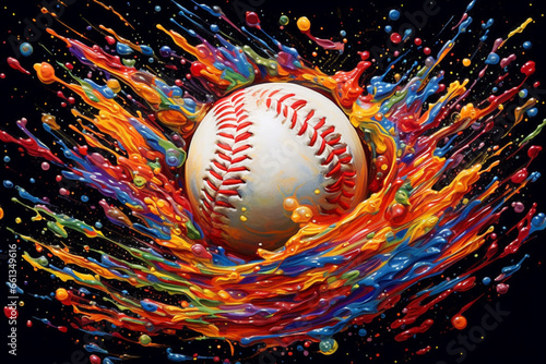 An abstract painting featuring a baseball splattered with an array of vibrant paint  representing the power and precision of the pitcher s throw. 