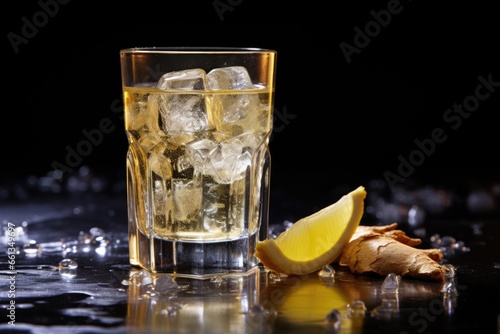 ginger shot in a glossy glass with light shimmering through