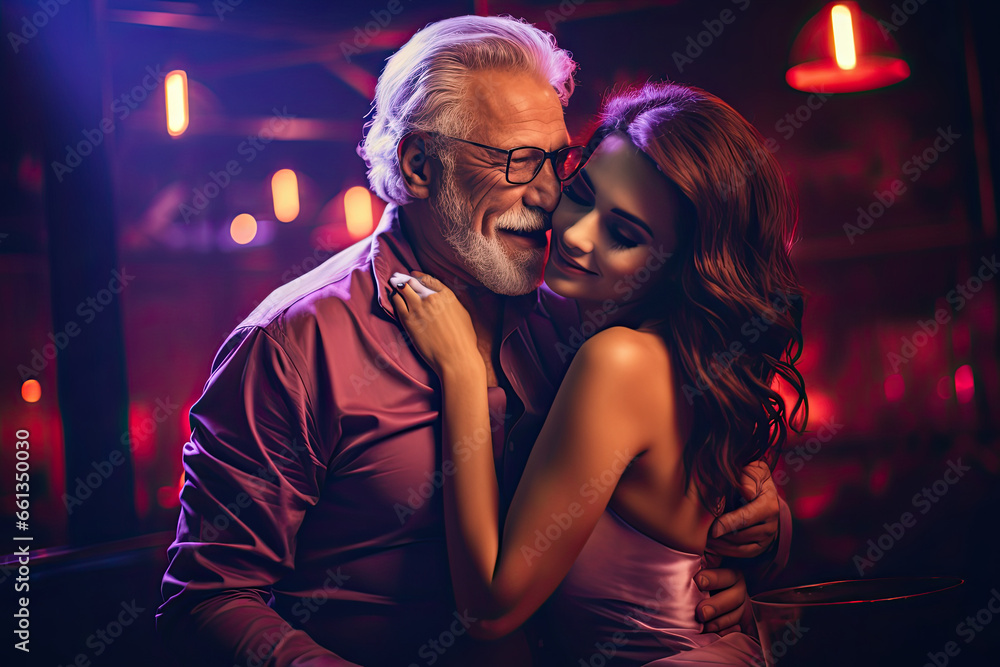 Old man having a drink embracing a beautiful young woman in a night club. Old man having a drink embracing a beautiful young woman in a night club.