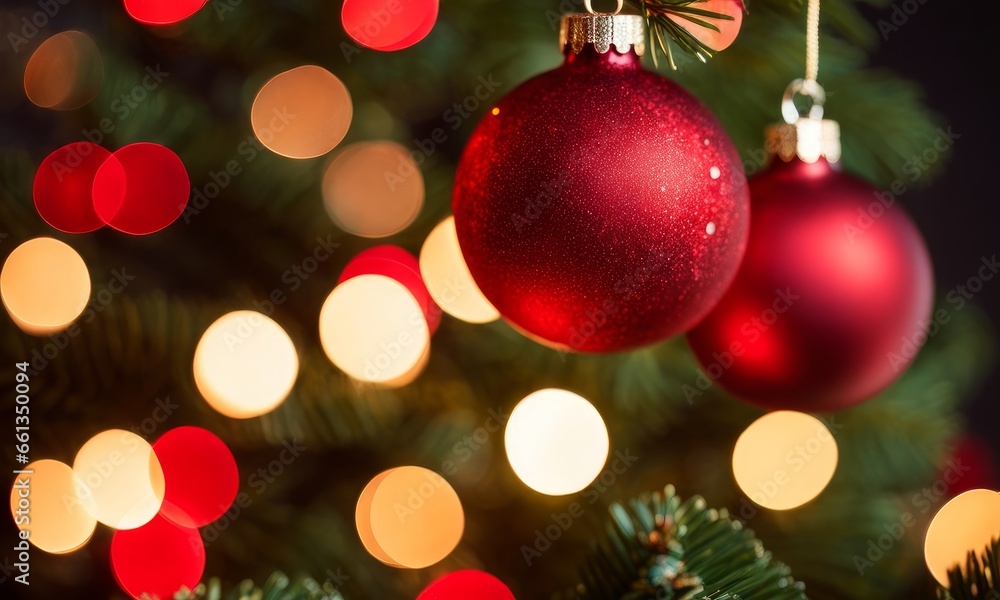 Christmas Tree With Ornament And Bokeh Lights In Red Background, Generative AI Christmas Tree With Ornament And Bokeh Lights In Red Background, Generative AI