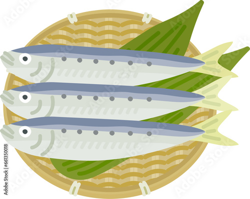 秋冬の魚：笹の葉を敷いたザルに載せたイワシ