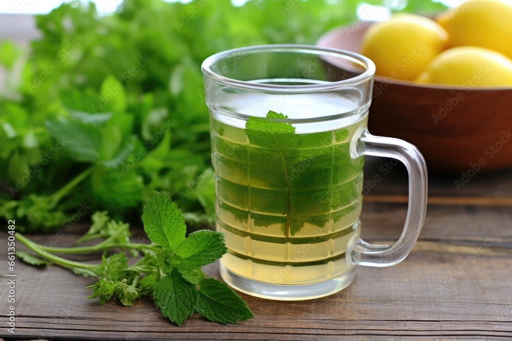 lemon balm tea in a glass mug, fresh herbs nearby lemon balm tea in a glass mug, fresh herbs nearby