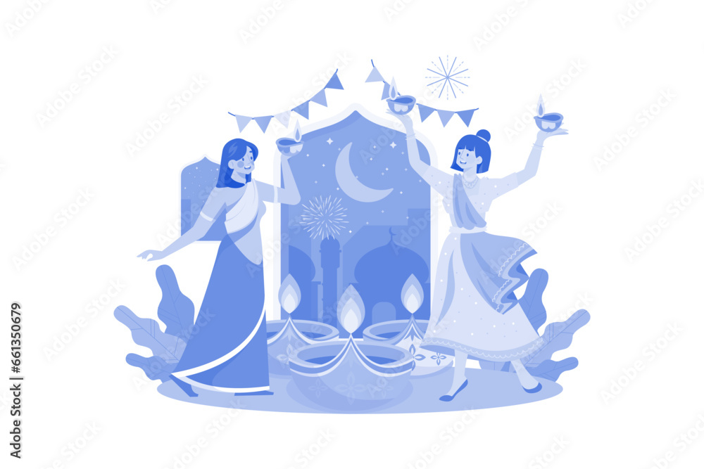 Women dance with light Diyas Diwali lamps at night Women dance with light Diyas Diwali lamps at night