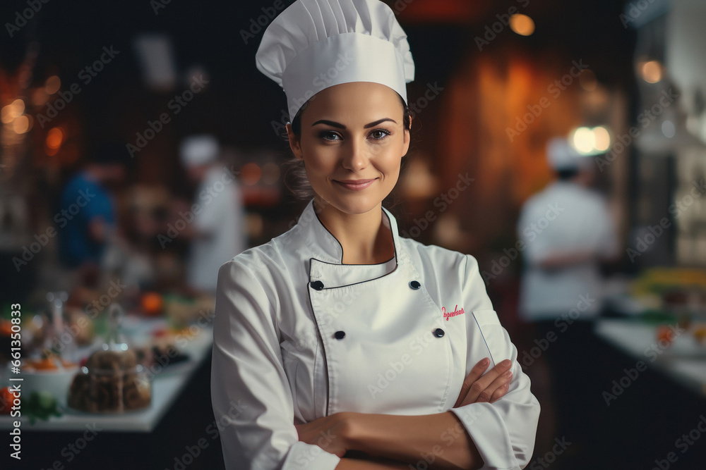 Young and confident female chef in uniform. Young and confident female chef in uniform.