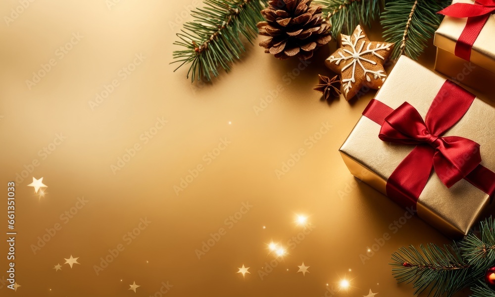 Christmas decoration composition on light gold background with beautiful Golden gift box with red ribbon, fir branches, cones, stars, Christmas cookies,cinnamon, top view, copy space, Generative AI Christmas decoration composition on light gold background with beautiful Golden gift box with red ribbon, fir branches, cones, stars, Christmas cookies,cinnamon, top view, copy space, Generative AI
