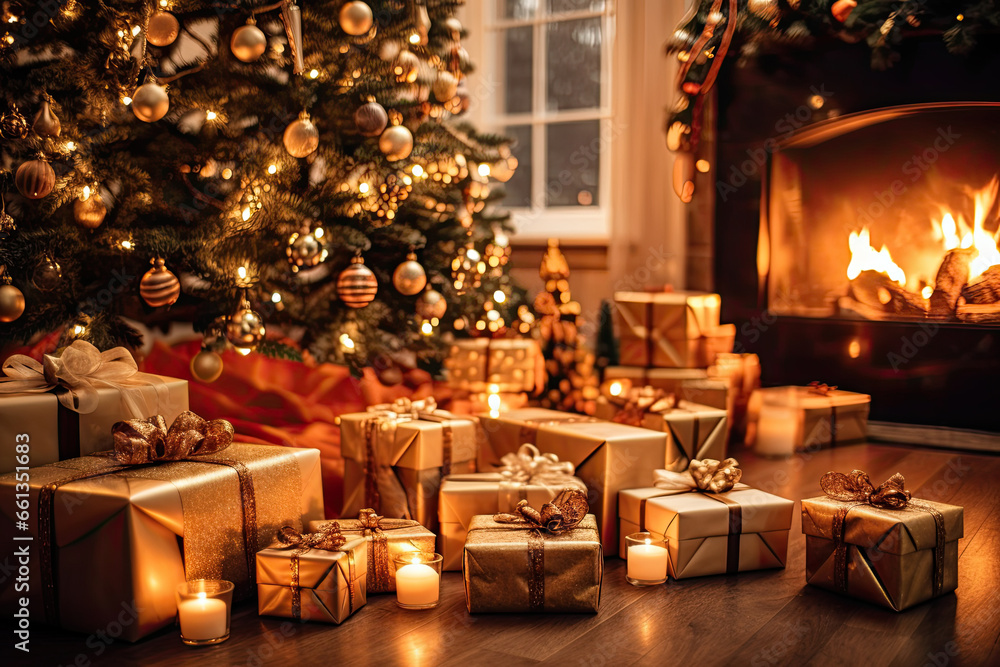 Stack of gift boxes in front of Christmas tree Stack of gift boxes in front of Christmas tree