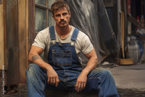 A man wearing denim overalls while working in a workshop, reflecting the durability and utility of denim as workwear photo