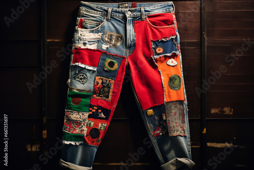 vintage jean decorated with various patches, exemplifying the concept of personalized fashion