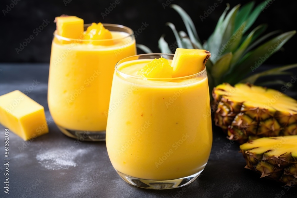 up-close angle of frothy mango-pineapple smoothie on a stone surface up-close angle of frothy mango-pineapple smoothie on a stone surface