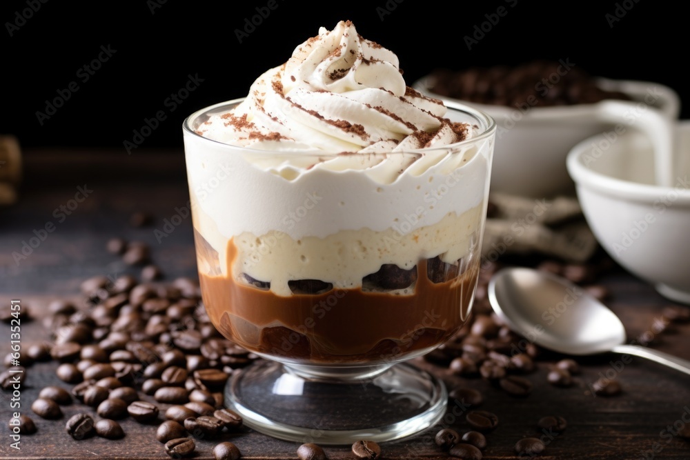 coffee mousse with a layer of whipped cream in a clear cup coffee mousse with a layer of whipped cream in a clear cup