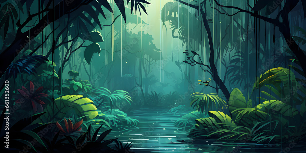 Nature background of rainy jungle - obrazy, fototapety, plakaty 