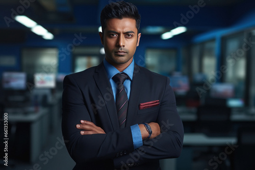 Young and confident businessman, corporate employee or news anchor at office