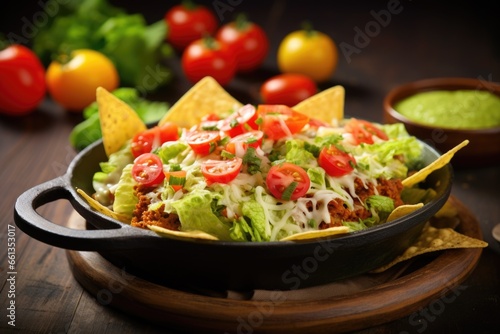 nachos with shredded lettuce and diced tomatoes, fresh made