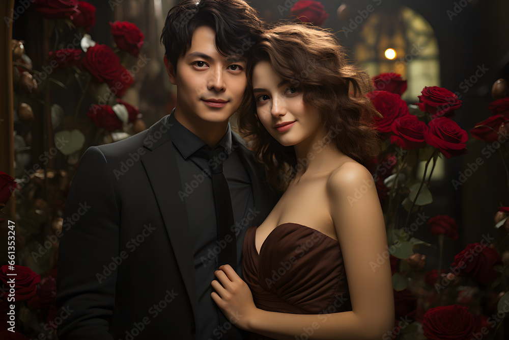 Asian couple hugging with roses in backdrop ai generated art. Asian couple hugging with roses in backdrop ai generated art.