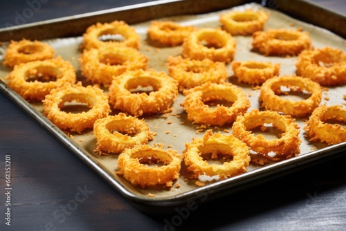 onion rings on a baking sheet fresh from the oven