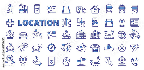 Location icons in line design blue. Map, destination, place, navigation, point, GPS, distance, destination, navigation, road, way, transport, waypoint, icons isolated on white background vector.