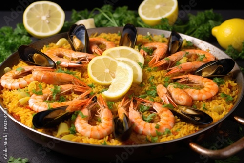 paella garnished with lemon slices and parsley