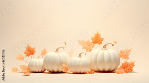 A bunch of pumpkins and leaves in the style of minimalist. Template for Happy Halloween banner with autumn elements