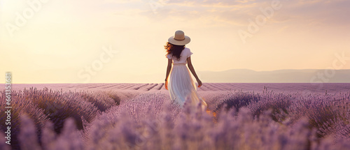 Rear view of a young woman in a white dress and hat walking through a purple lavender field. natural background concept © Ton Photographer4289
