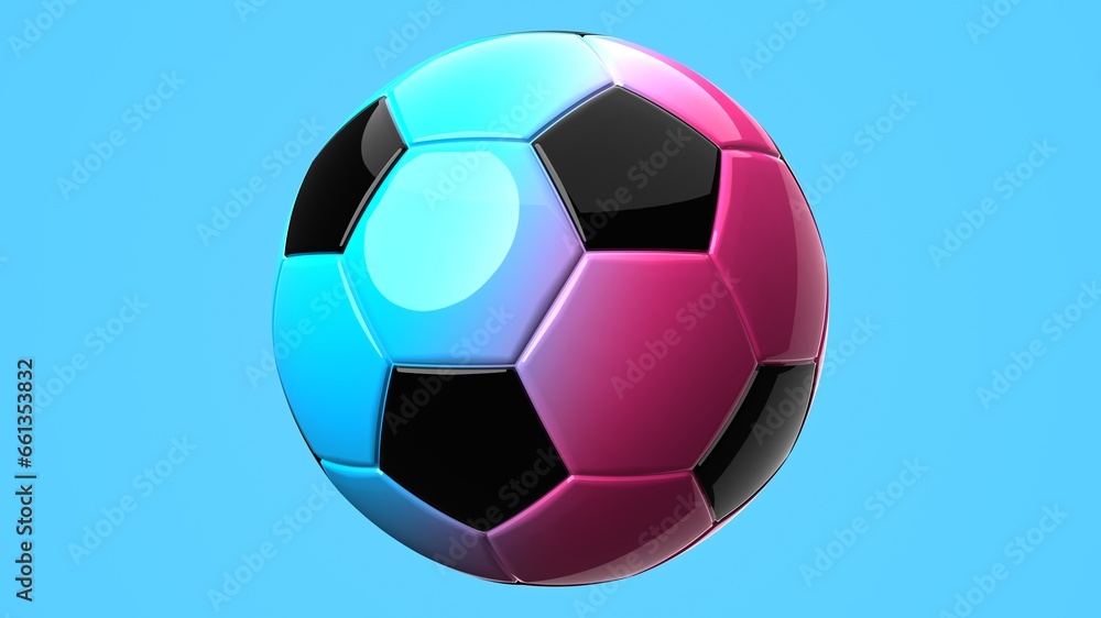 Fototapeta premium Blue and pink soccer ball on blue text space. 3d illustration. 