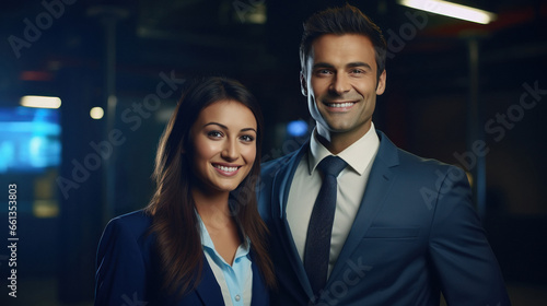 Young businessman standing with female partner or assistant at office