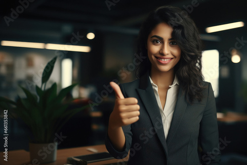 Young businesswoman showing thumps up at office. photo