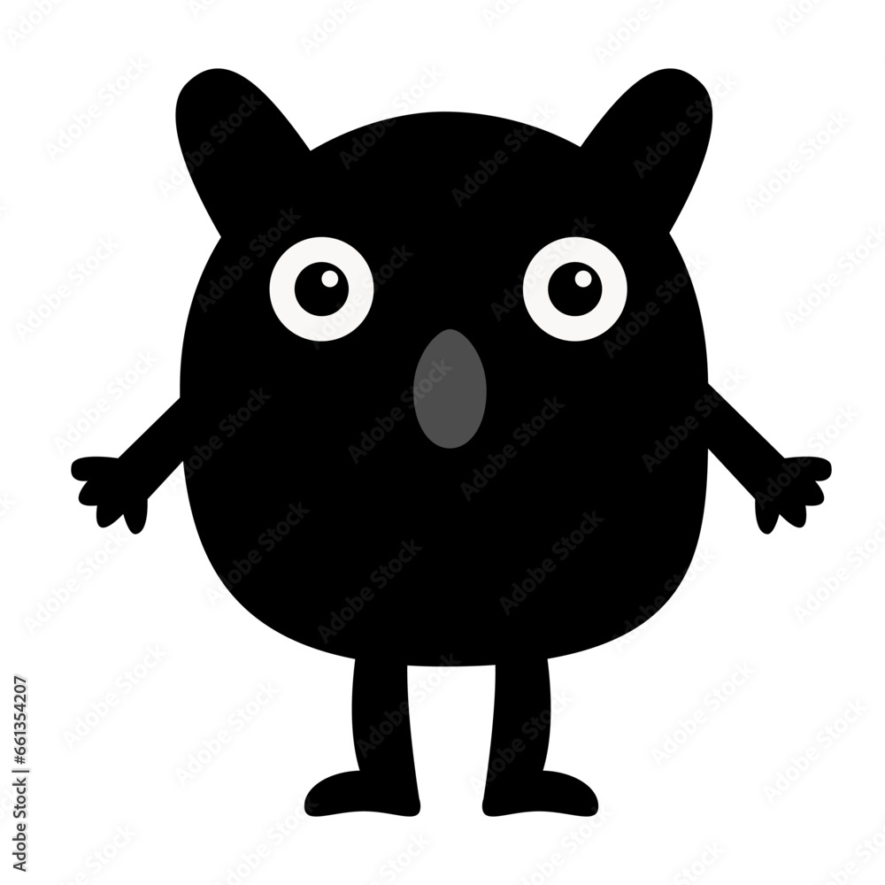 Obraz premium Kawaii monster. Happy Halloween. Cute smiling face head with ears. Black silhouette monsters. Cartoon funny kids boo baby character. T-shirt design. Flat design. White background.