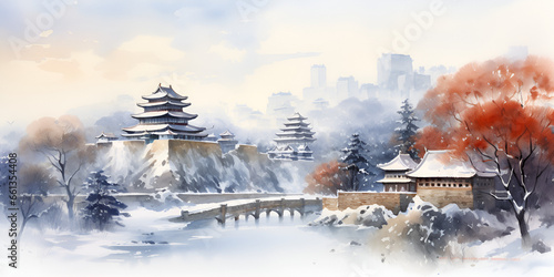 Watercolor illustration of china nature landscape in winter, with snow