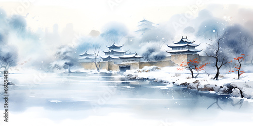 Watercolor illustration of china nature landscape in winter, with snow