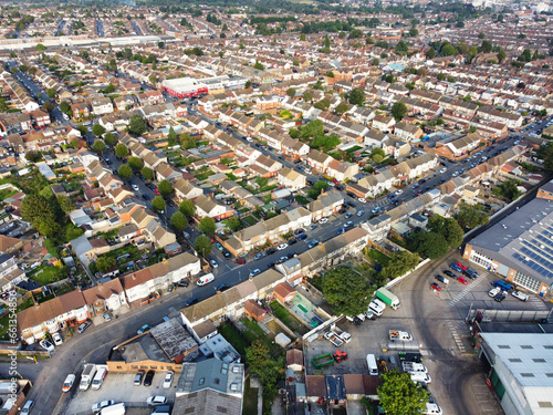 Aerial View of British City and Residential and Commercial Combined District at Farley Hills During Gorgeous Sunset over Luton City of England, UK. September 7th, 2023 photo