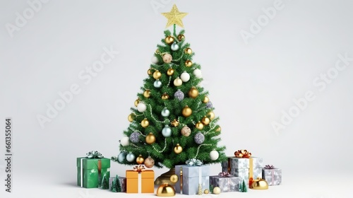 Merry Christmas, Green christmas tree and gift, Generative ai. © Janvi