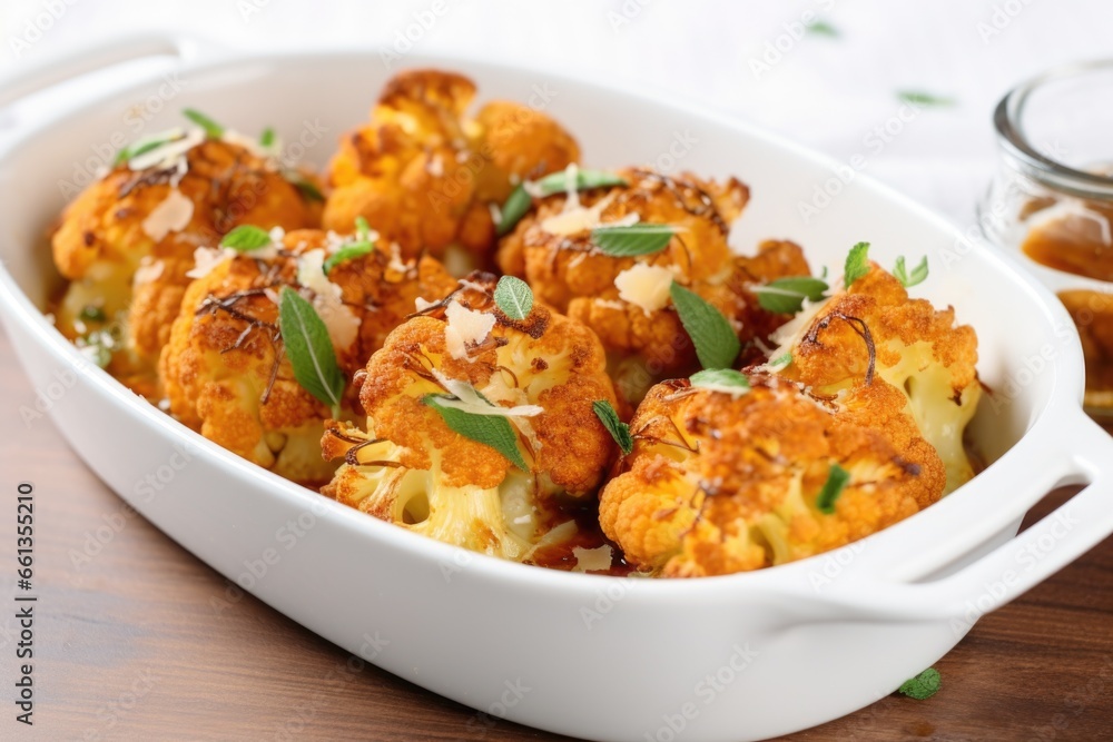 honey glazed roasted cauliflower in a white dish honey glazed roasted cauliflower in a white dish
