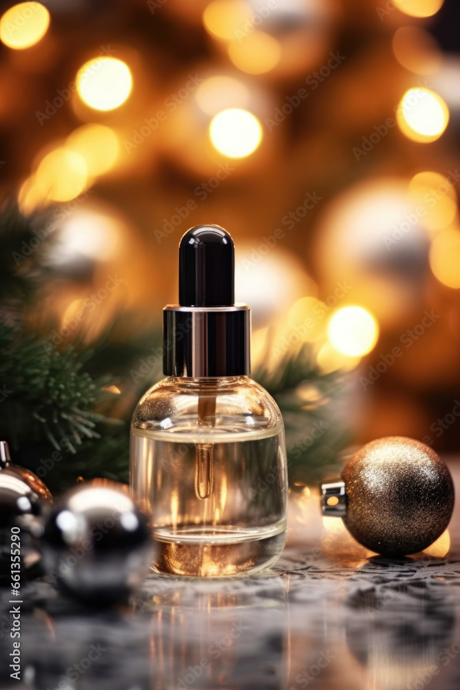 Christmas composition with a bottle of brown glass serum on the background of a Christmas tree and golden balls. The concept of health and beauty. Christmas composition with a bottle of brown glass serum on the background of a Christmas tree and golden balls. The concept of health and beauty.