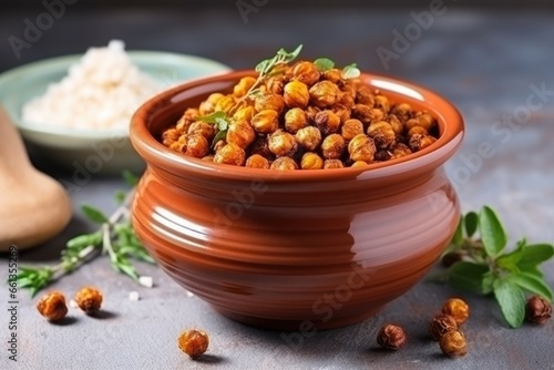 ceramic bowl filled with hot roasted chickpeas