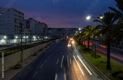 Highway in Algiers, Alger, Algeria by night. Long exposure with rays of light coming from the vehicles. © Bruno