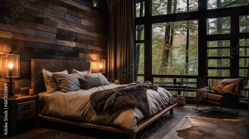 a photo of a bedroom in a rustic cabin style © arthyeon