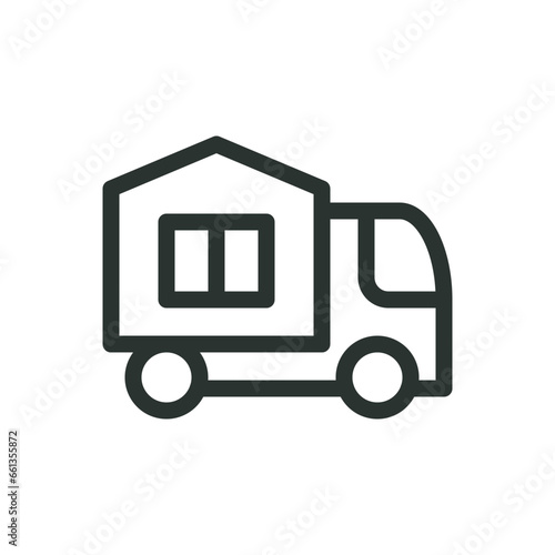 Transportation of a modular house isolated icon, prefabricated house delivery vector icon with editable stroke
