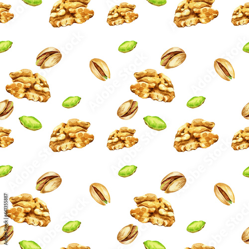 seamless pattern with watercolor nuts, hand drawn illustration of pistachio and walnuts, snack, sketch of beige and green nuts isolated on white background