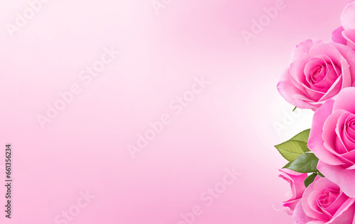 Horizontal pink banner with full bloom pink roses with copy space