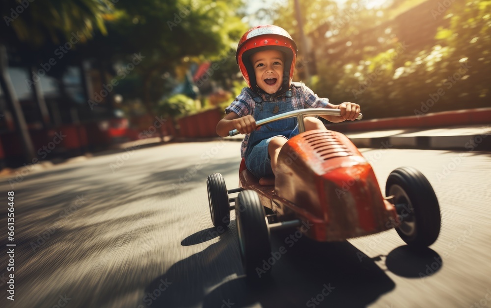 Young boy kid participating in a competitive race. He's behind the wheel of his racer car, speeding down a steep hill with determination and a thrill for speed - obrazy, fototapety, plakaty 