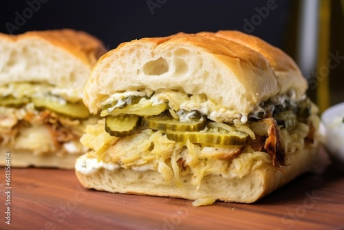 sandwich with pickles, onion, and mayo on a ciabatta roll