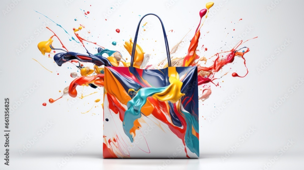 Shopping bag with colorful paint splashes on white background. 3D rendering. 